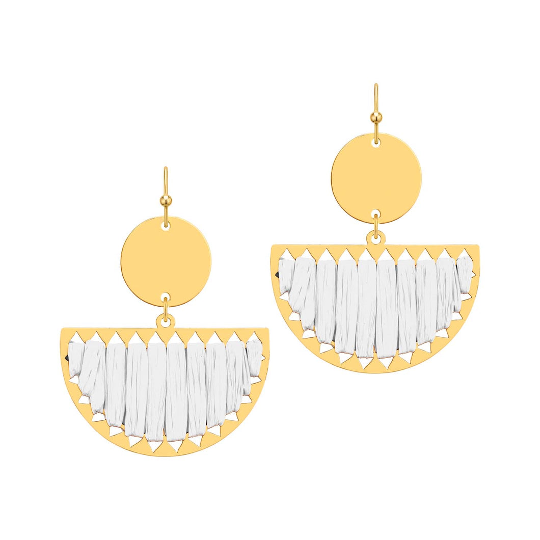 Gold and White Raffia Half Moon Drops